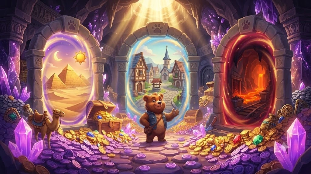 ## Alt Text (Short) `Three coin farming worlds in Super Bear Adventure`